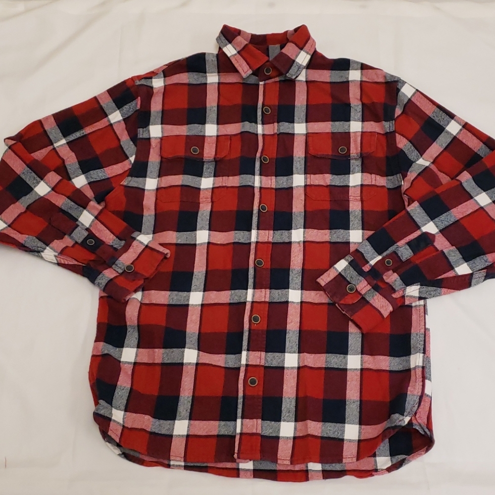 Jachs Flannel Shirt Cotton Plaid Button Up Red Blue White Men's Medium M